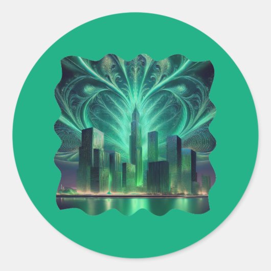 Fractaal vuurwerk boven de stad ronde sticker (Voorkant)
