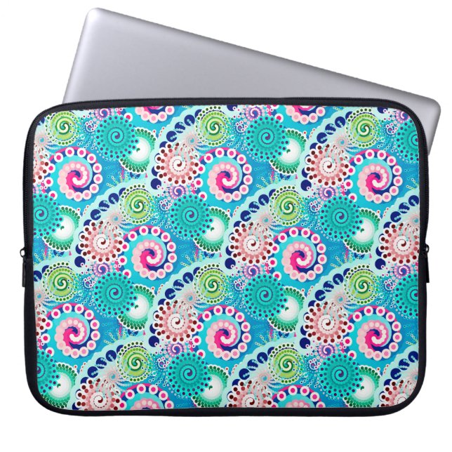 Fractaal wervelpatroon, turquoise, roze, multi laptop sleeve (Voorkant)