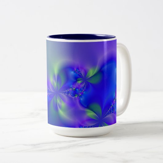 Fractal 44 (blauw, groen en paars) tweekleurige koffiemok (Voorkant rechts)