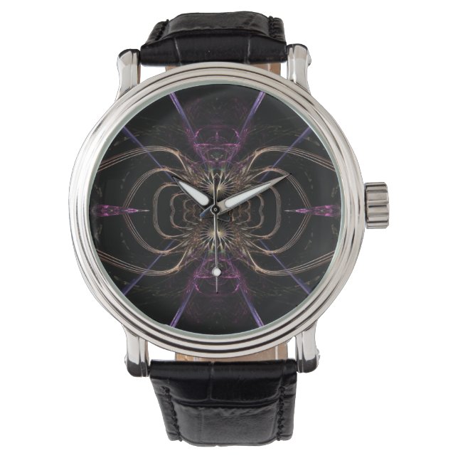 Fractal Artistry: Gold & Paarse Watch Horloge (Voorkant)