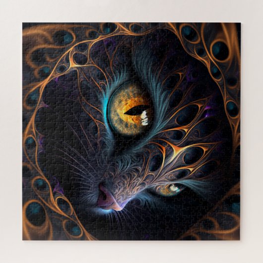 Fractal Cat Face in zwarte en trillende kleuren Legpuzzel (Horizontaal)
