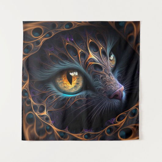 Fractal Cat Face in zwarte en trillende kleuren Wandkleed (Voorkant)