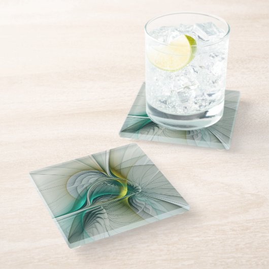Fractal Evolution, Golden Turquoise Abstracte Art Glazen Onderzetter (Schuin)