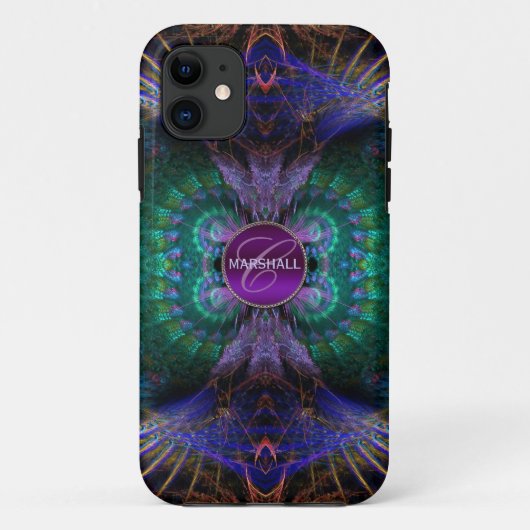 Fractal Feathers Monogram Aangepaste naam Case-Mate iPhone Case (Achterkant)