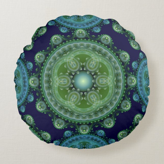 Fractal green blue oriental decoration rond kussen (Voorkant)