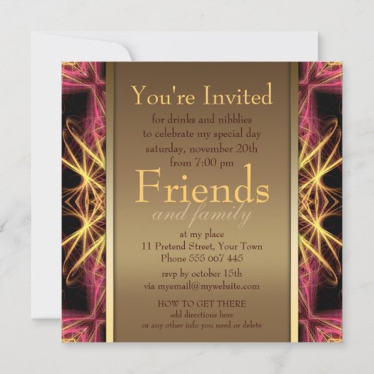 Fractal Heart Pink + Gold Birthday Party Invitatio Kaart (Achterkant)