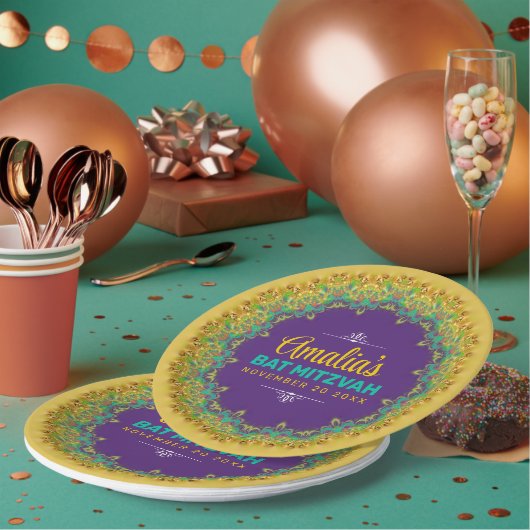 Fractal Lace Paars Yellow Bat Mitzvah Papieren Bordje (Multi)