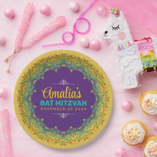 Fractal Lace Paars Yellow Bat Mitzvah Papieren Bordje (Feest)