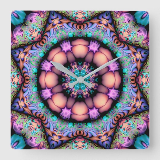 Fractal Mandala Floral Psychedelic Vierkante Klok (Voorkant)