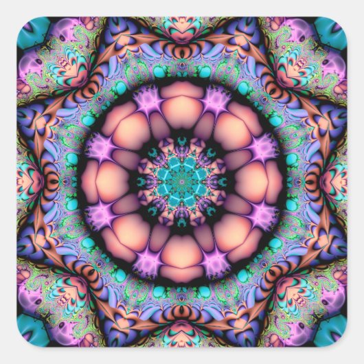 Fractal Mandala Floral Psychedelic Vierkante Sticker (Voorkant)