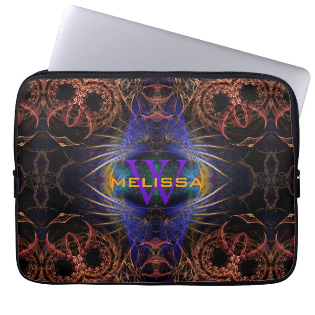 Fractal Owl Wings & Feathers Custom Name Laptop Sleeve (Voorkant)