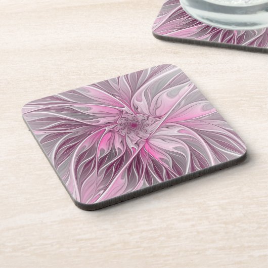Fractal Pink Flower Dream, Floral Fantasy Pattern Bier Onderzetter (Linkerzijde)