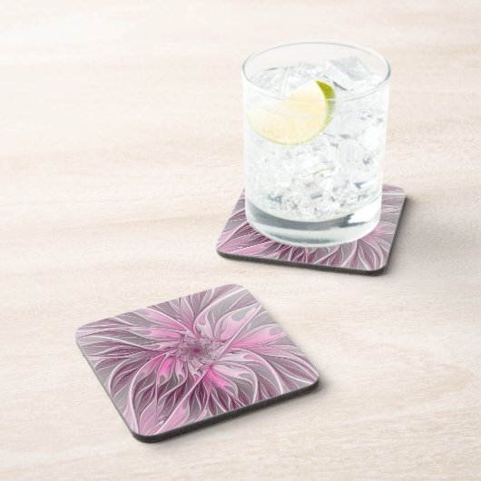 Fractal Pink Flower Dream, Floral Fantasy Pattern Bier Onderzetter (Rechterzijde)