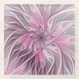 Fractal Pink Flower Dream, Floral Fantasy Pattern Glazen Onderzetter