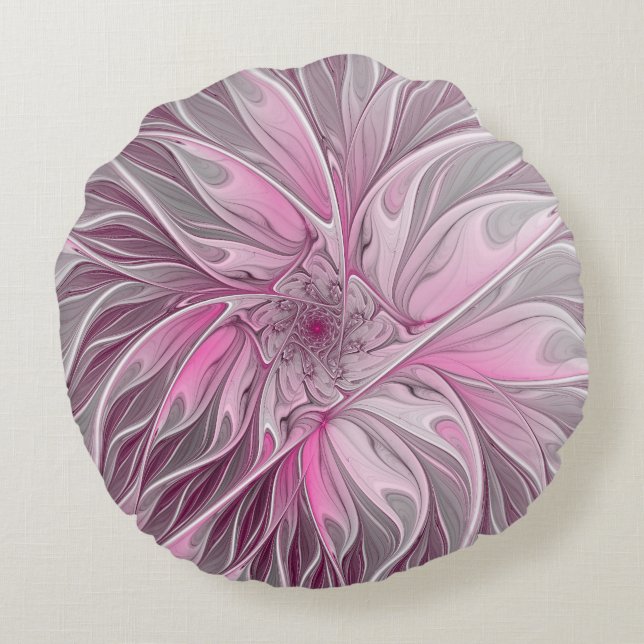 Fractal Pink Flower Dream, floral Fantasy Pattern Rond Kussen (Achterkant)