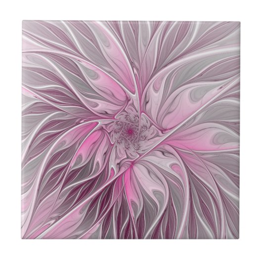 Fractal Pink Flower Dream, Floral Fantasy Pattern Tegeltje (Voorkant)