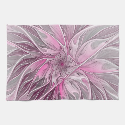 Fractal Pink Flower Dream, Floral Fantasy Pattern Theedoek (Horizontaal)