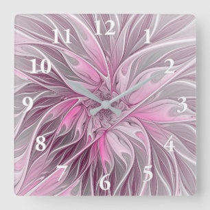 Fractal Pink Flower Dream, floral Fantasy Pattern Vierkante Klok