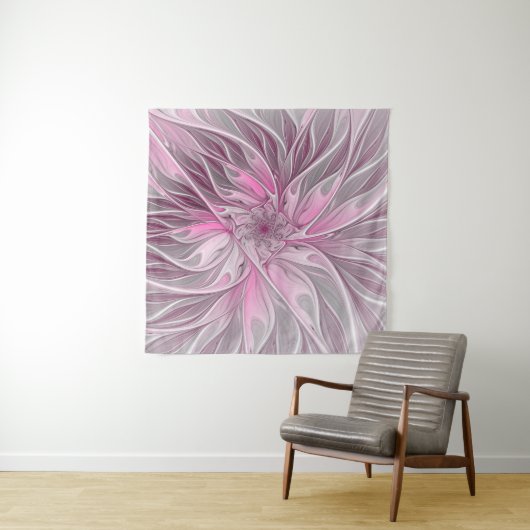 Fractal Pink Flower Dream, Floral Fantasy Pattern Wandkleed (In Situ (horizontaal))