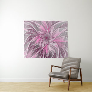 Fractal Pink Flower Dream, Floral Fantasy Pattern Wandkleed