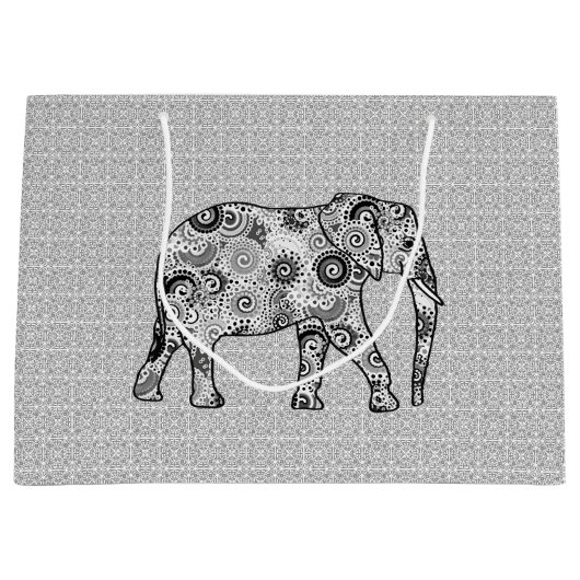 Fractal Swirl Elephant, Grey, Black and White Groot Cadeauzakje (Voorkant)