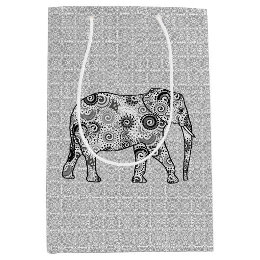 Fractal Swirl Elephant, Grey, Black and White Medium Cadeauzakje (Voorkant)