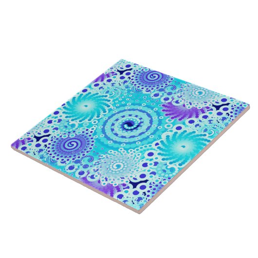Fractal swirl patroon, turquoise, aqua, blauw tegeltje (Zijkant)