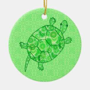 Fractal swirl turtle - limoen en smaragdgroen keramisch ornament