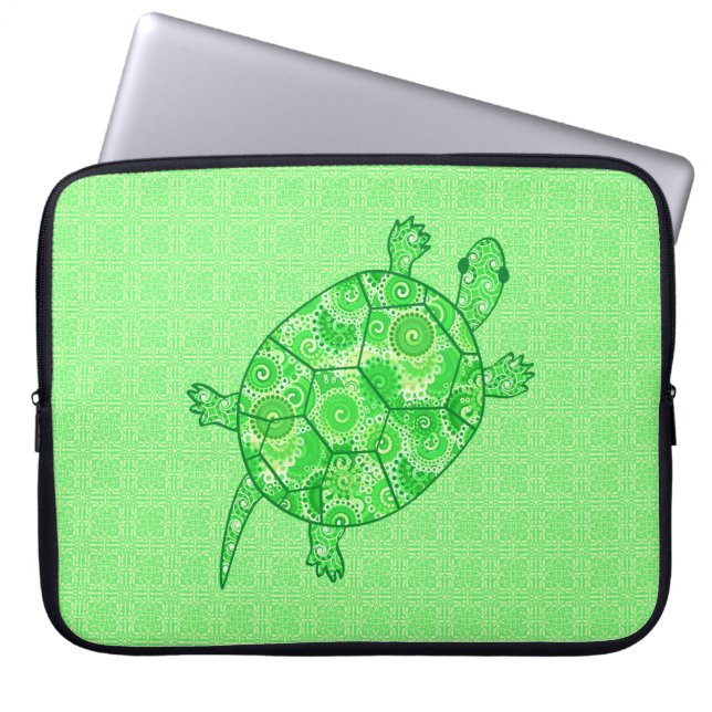Fractal swirl turtle - limoen en smaragdgroen laptop sleeve (Voorkant)