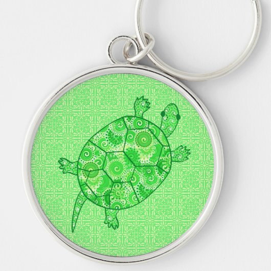 Fractal swirl turtle - limoen en smaragdgroen sleutelhanger (Voorkant)