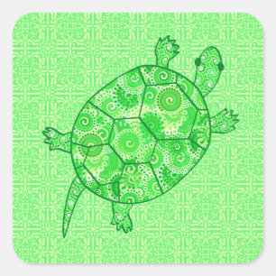 Fractal swirl turtle - limoen en smaragdgroen vierkante sticker