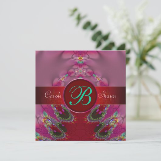 Fractal Union Lace Monogram Weddenschap Uitnodigin Kaart (Staand voorkant)