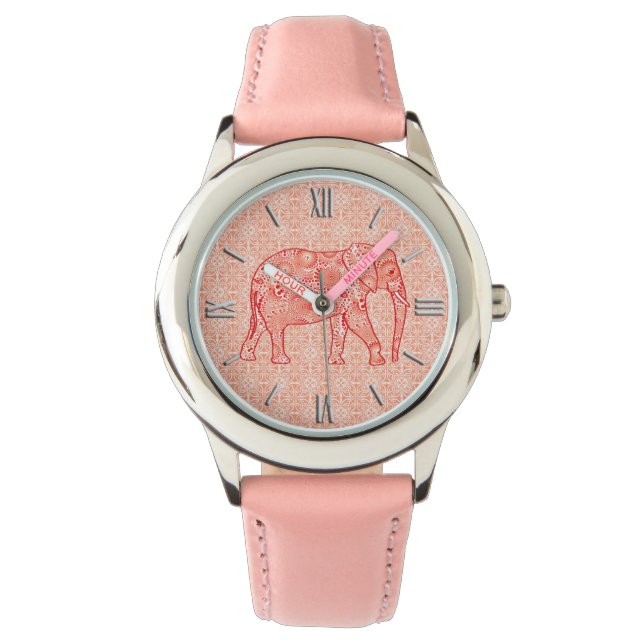 Fractal wervelolifant - koraal sinaasappel en wit horloge (Voorkant)