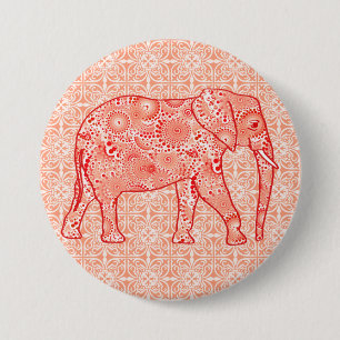 Fractal wervelolifant - koraal sinaasappel en wit ronde button 7,6 cm