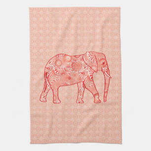 Fractal wervelolifant - koraal sinaasappel en wit theedoek
