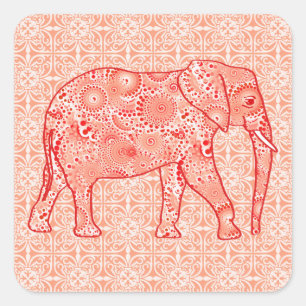 Fractal wervelolifant - koraal sinaasappel en wit vierkante sticker