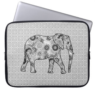 Fractale spiraal olifant - grijs, zwart en wit laptop sleeve