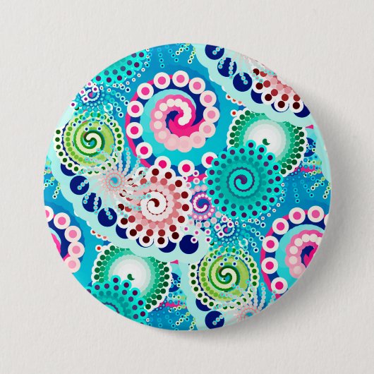 Fractale spiraalpatroon, turquoise, roze, multi ronde button 7,6 cm (Voorkant)