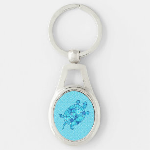 Fractale wervelende schildpad - kobalt en turquois sleutelhanger