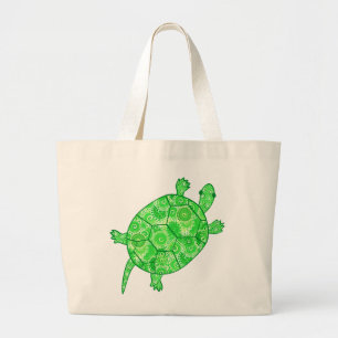 Fractale wervelende schildpad - limoen en smaragdg grote tote bag
