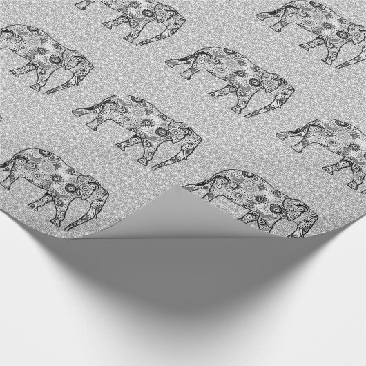 Fractale wervelolifant - grijs, zwart en wit cadeaupapier (Hoek)