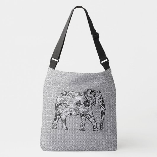 Fractale wervelolifant - grijs, zwart en wit crossbody tas (Voorkant)