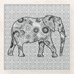 Fractale wervelolifant - grijs, zwart en wit glazen onderzetter