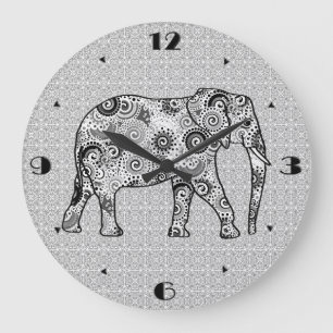 Fractale wervelolifant - grijs, zwart en wit grote klok