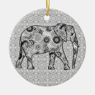 Fractale wervelolifant - grijs, zwart en wit keramisch ornament