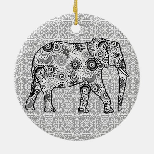 Fractale wervelolifant - grijs, zwart en wit keramisch ornament (Achterkant)