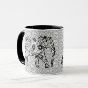 Fractale wervelolifant - grijs, zwart en wit mok