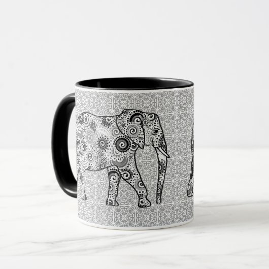 Fractale wervelolifant - grijs, zwart en wit mok (Voorkant links)