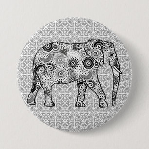 Fractale wervelolifant - grijs, zwart en wit ronde button 7,6 cm
