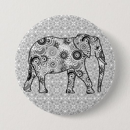 Fractale wervelolifant - grijs, zwart en wit ronde button 7,6 cm (Voorkant)